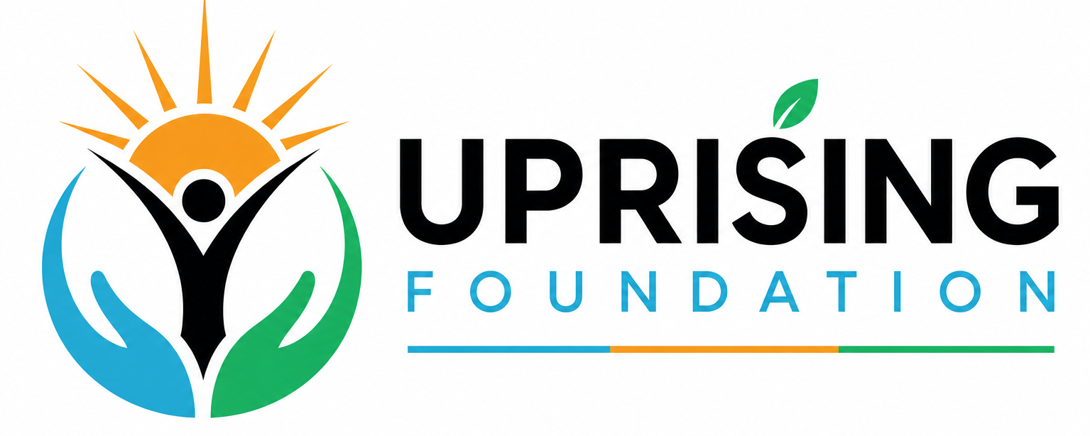 Uprising Foundation logo featuring a rising figure surrounded by supportive hands and a sunrise, symbolizing hope, support, and new beginnings.